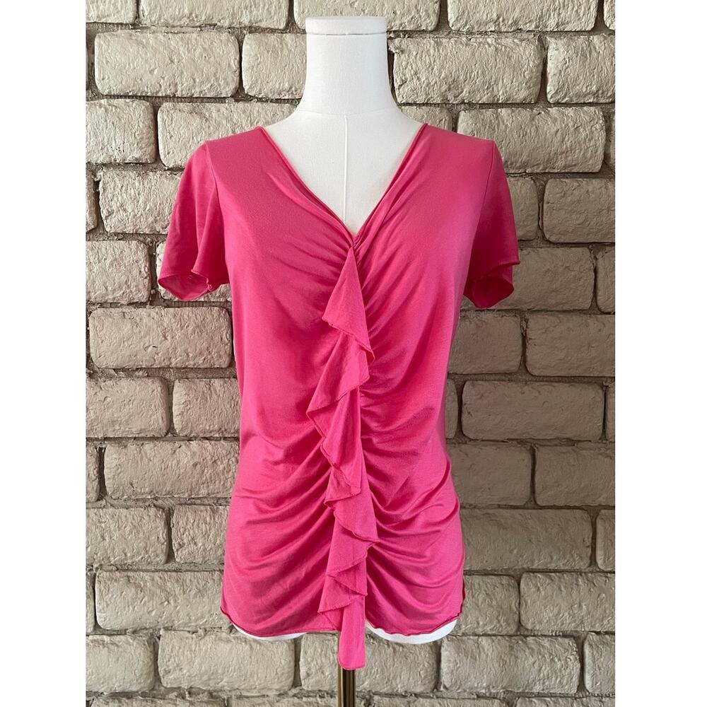 Banana Republic Pink Ruffle Front V-Neck Blouse - Short Sleeve Size Medium‎